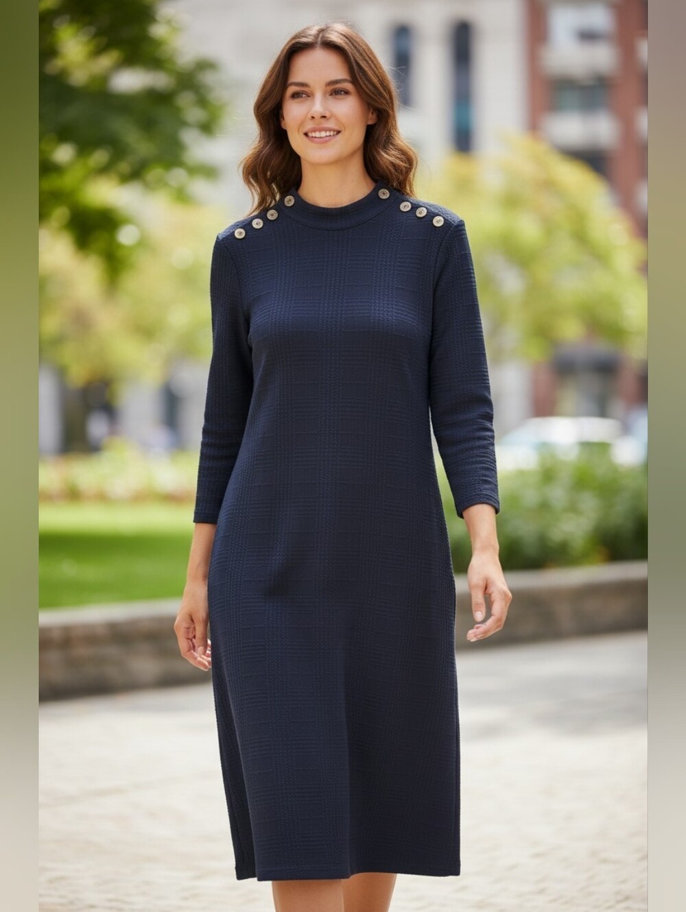 J. McLaughlin Textured Classic Navy Blue Button-Shoulder Midi Dress Sz Large
